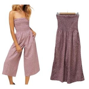 O'Neill Jumpsuit Rose Dot Alicia Smocked Strapless Cropped Pants Linen Blend M